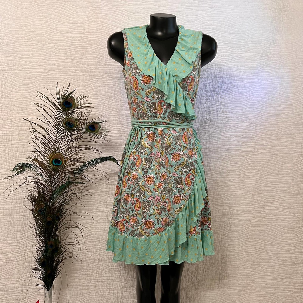 Matilda Jane Sleeveless Ruffle Wrap Dress Women's M Floral Dots Teal